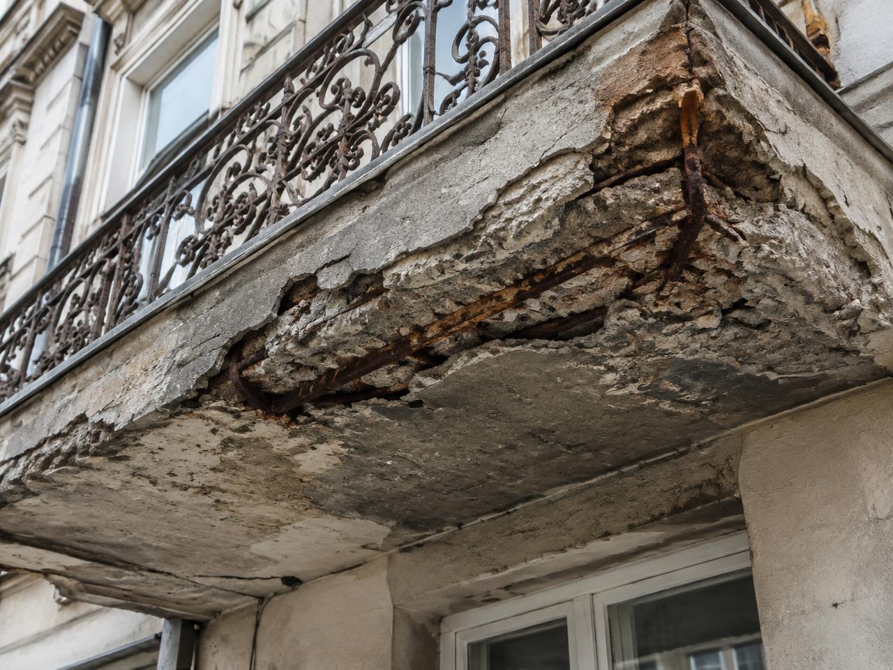 Balkonplatte mit Betonabplatzungen und korrodierter Bewehrung