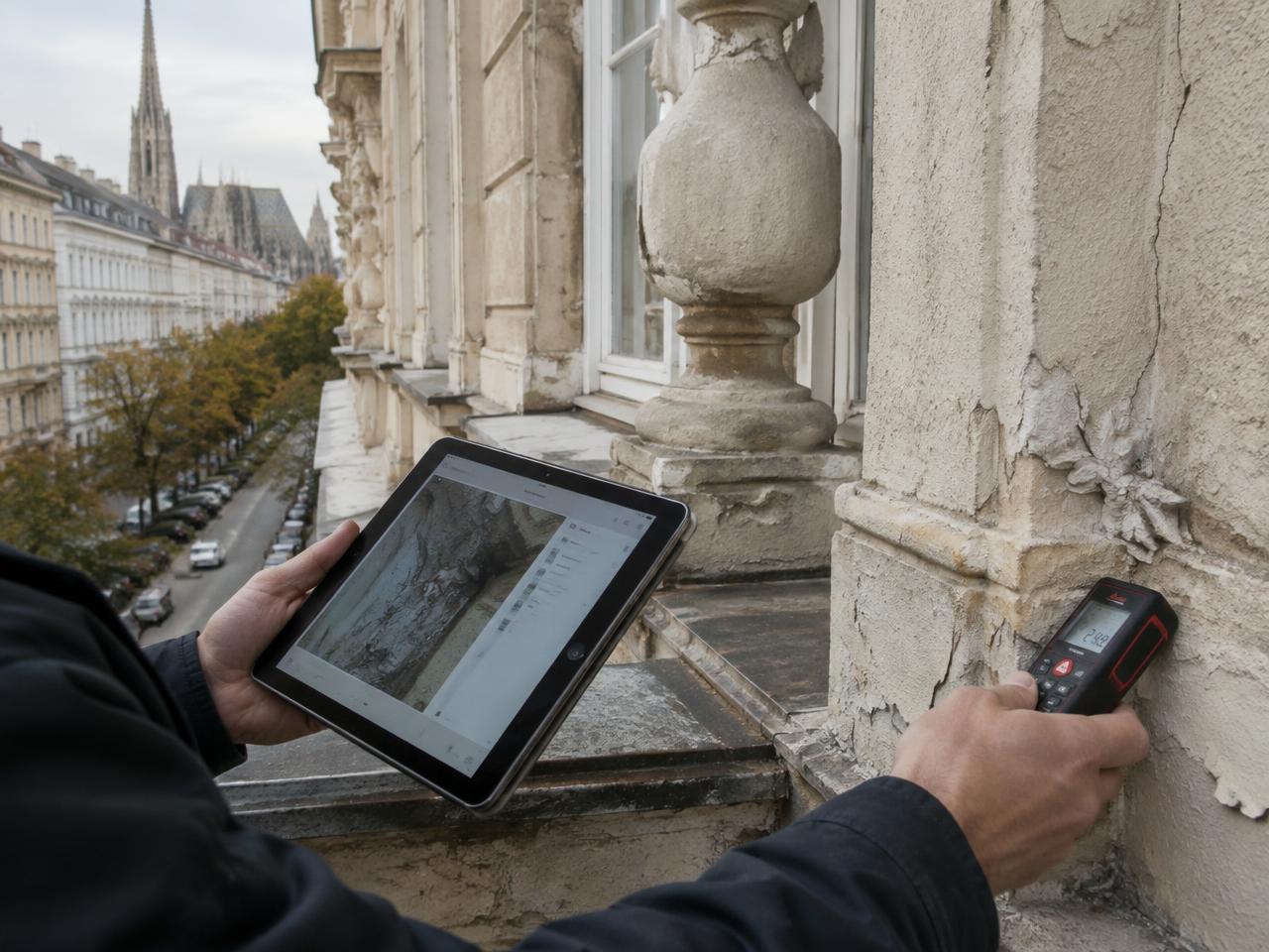 Technische Begehung einer Altbaufassade mit Tablet